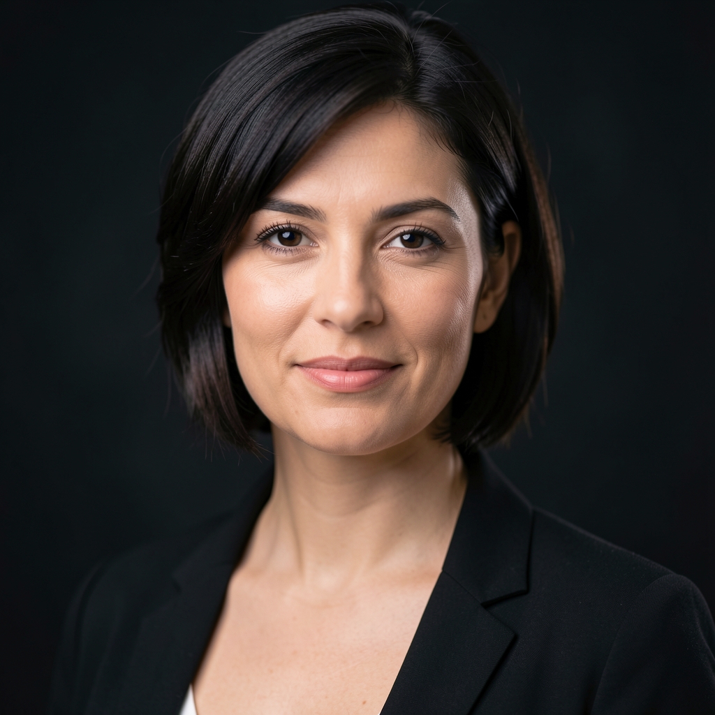 Professional editorial portrait of a woman with short dark hair photographed against a dark background with soft controlled studio lighting